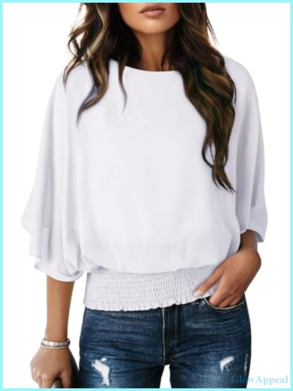 Chiffon Blouse Boat Neck Flowy Dolman Sleeve Smocked Waist Casual